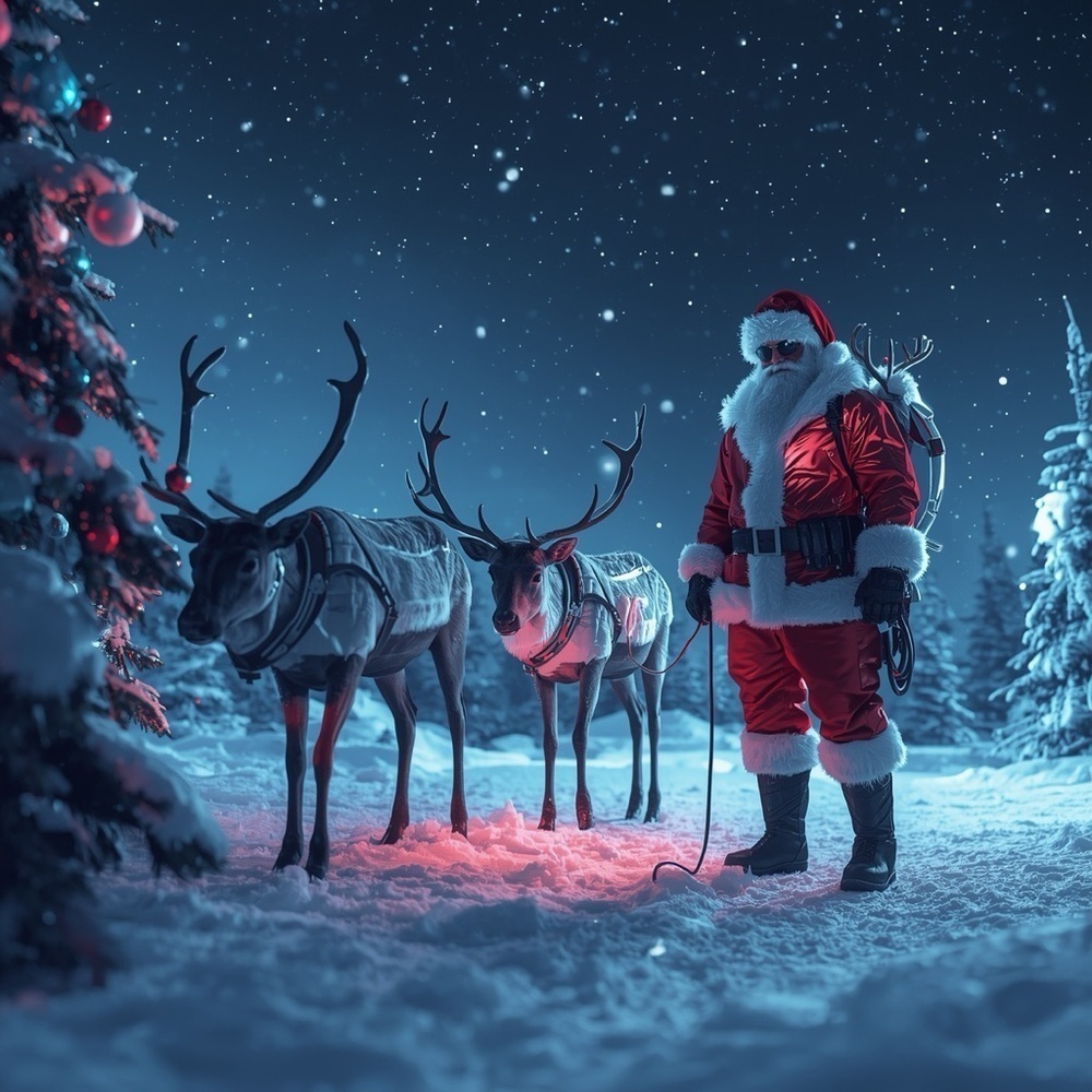 HANDCRAFTED digital art print Santa and Reindeer Winter Wonderland Decor